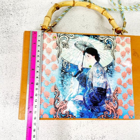 VIntage Parasol Painting Art Wooden‎ Vanity Crossbody Carry On Bag geisha 1909 - Picture 7 of 12